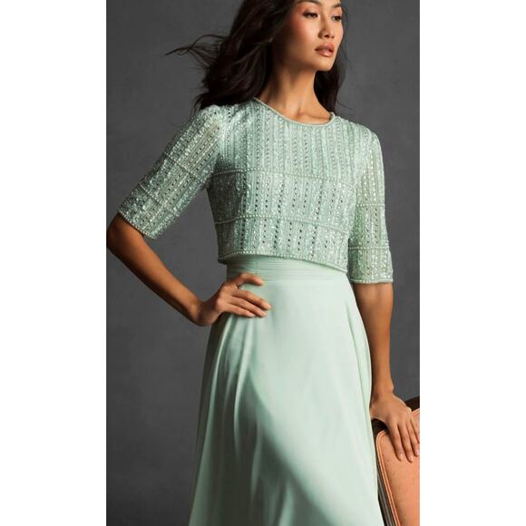 Mac Duggal  Green Chiffon Gown w/ Fully Beaded 3/4 Sleeves Size 16 - Picture 5 of 16